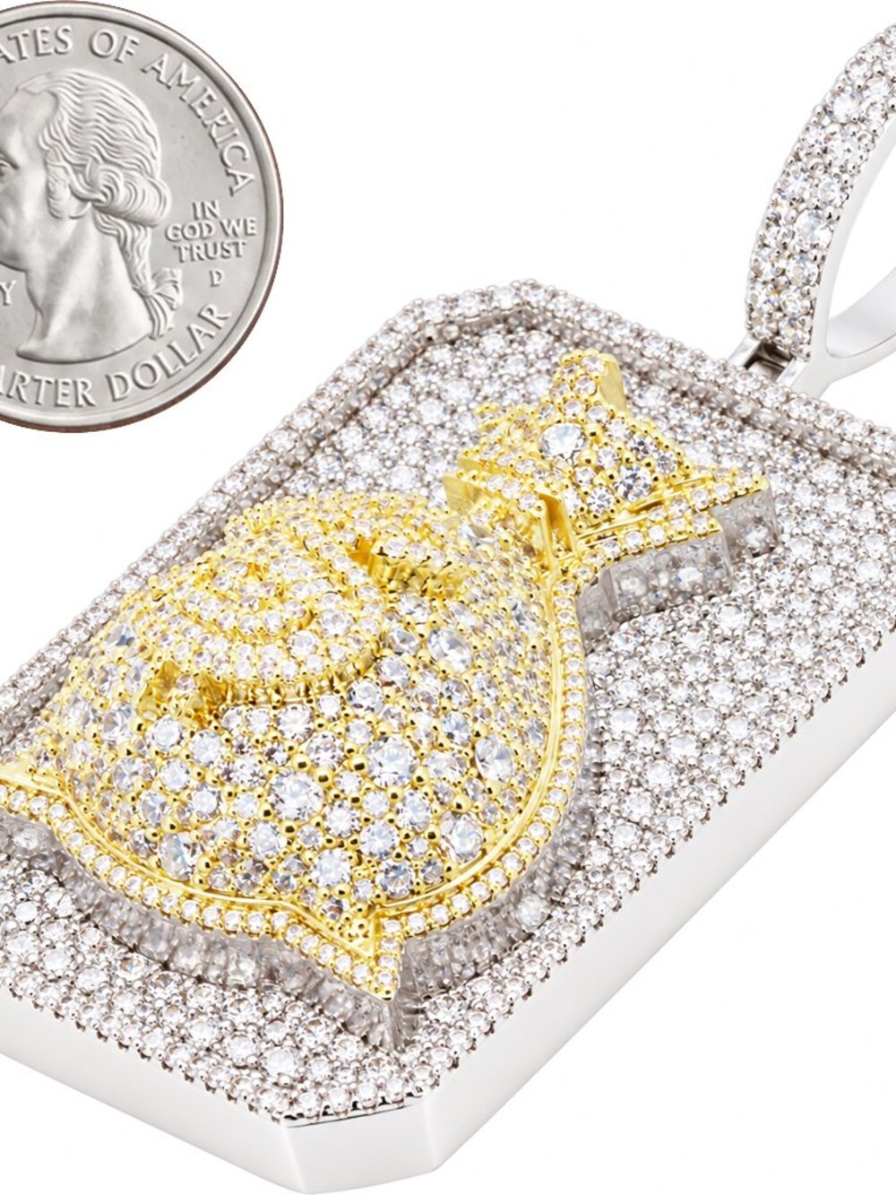 14k Yellow/White Gold Plated AAA Cubic Zirconia 2-Tone Money Bag Dog Tag Pendant